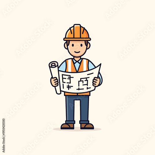 A cartoon engineer is illustrated in full body, wearing an orange hardhat, safety vest, and holding a blueprint. He has a friendly expression