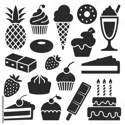 Collection of black silhouette dessert and sweet treat icons displayed together