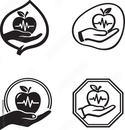 Nutrition care concept with apple and heartbeat line in supportive hand illustration