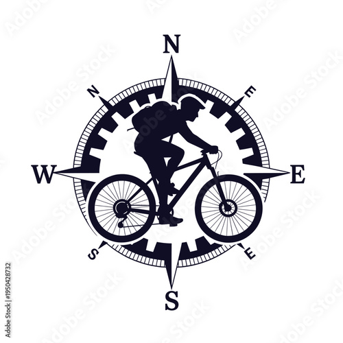 Mountain biker silhouette within a compass rose illustrating adventure