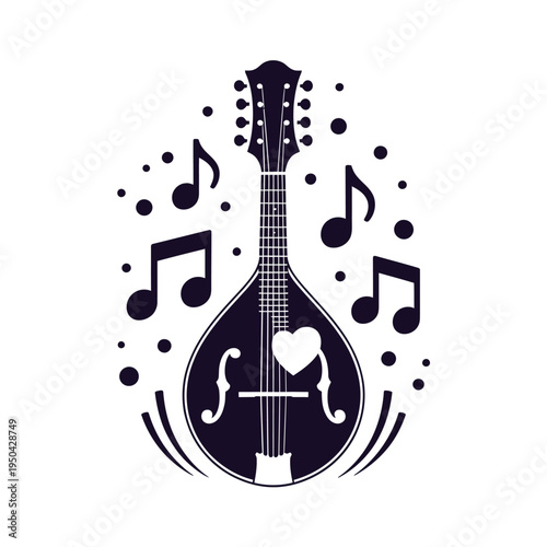 Stylized illustration of a mandolin with musical notes and radiating lines