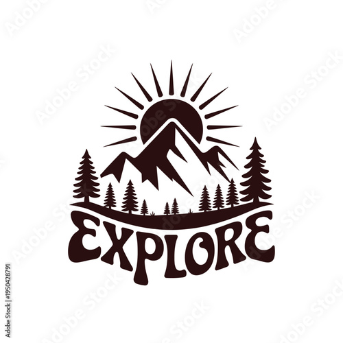 Stylized mountain and sun graphic with the word explore below