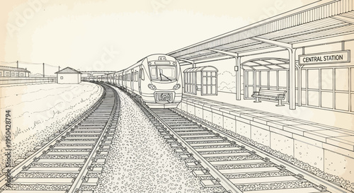 Detailed line drawing of a modern train arriving at Central Station platform with tracks in perspective.
