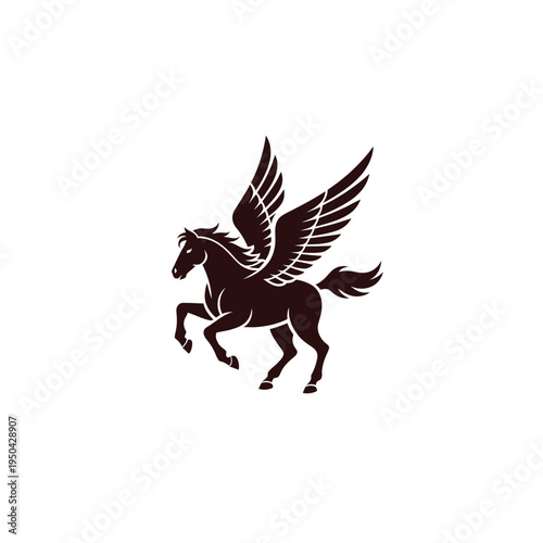 A majestic pegasus is depicted in a dark stylized silhouette