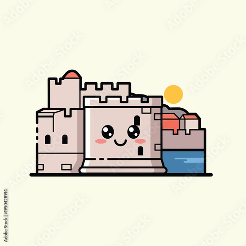 A cartoon depiction of a fortress with a smiling face. The image includes a sun, water and buildings. Overall a cute, clean design