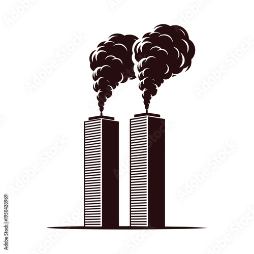 Stylized illustration of two tall towers with dark smoke billowing upwards