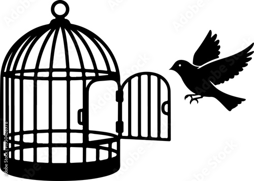 Open Birdcage with a small bird flying out vector illustration