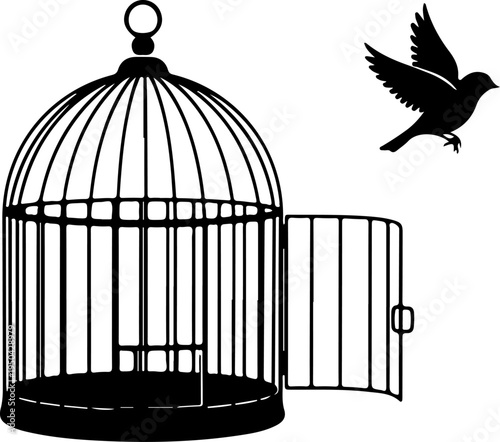 Open Birdcage with a small bird flying out vector illustration
