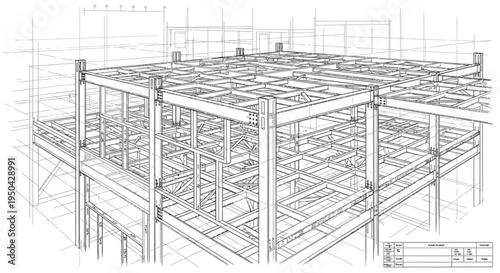Detailed architectural blueprint of a multi-story steel frame building structure.