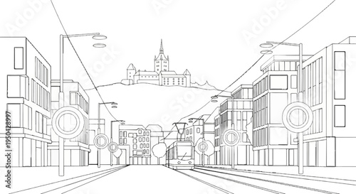 A stylized sketch of a city street with modern buildings, a tram, and a castle on a hill