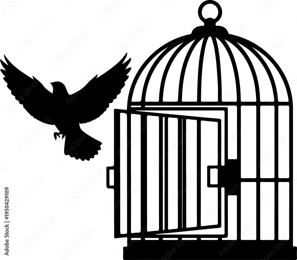 Fototapeta premium Open Birdcage with a small bird flying out vector illustration
