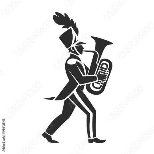 Silhouette of a marching band tuba player in dynamic motion