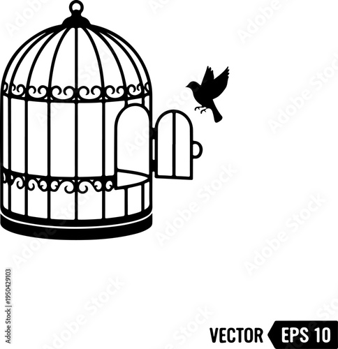 Open Birdcage with a small bird flying out vector illustration