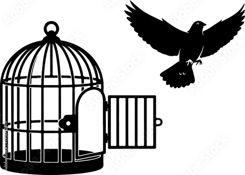 Open Birdcage with a small bird flying out vector illustration
