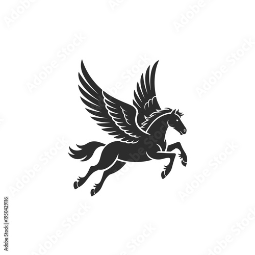 A majestic black silhouette of pegasus in a dynamic flying pose