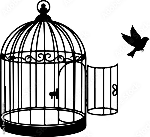 Open Birdcage with a small bird flying out vector illustration