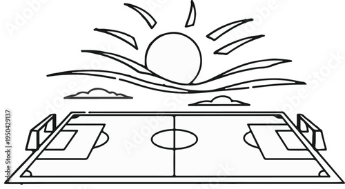 A stylized sun shines over a soccer field under a cloudy sky