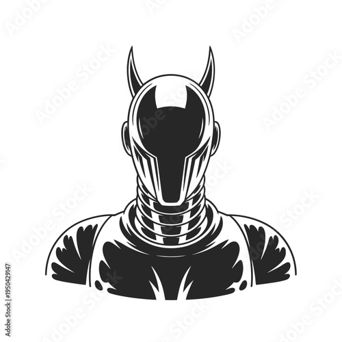 Stylized black and white illustration of a robotic horned head design