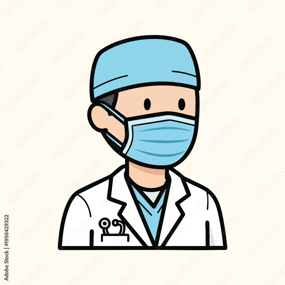 Fototapeta premium A cartoon doctor with a face mask and cap, wearing a white coat, and stethoscope. Neutral background