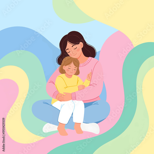 Mother sitting with child in her lap on colorful background