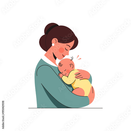 Mother tenderly holding and kissing her sleeping newborn baby close