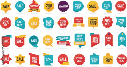 A comprehensive collection of colorful vector promotional badges and sale tags for retail marketing