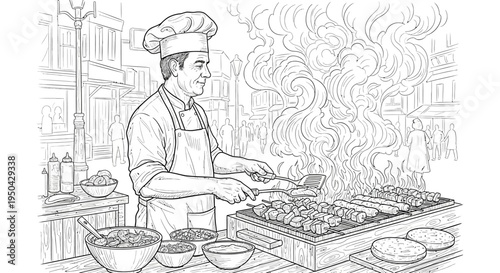 A detailed line drawing of a smiling chef grilling skewers over a smoky outdoor barbecue, with bowls of ingredients and urban background.