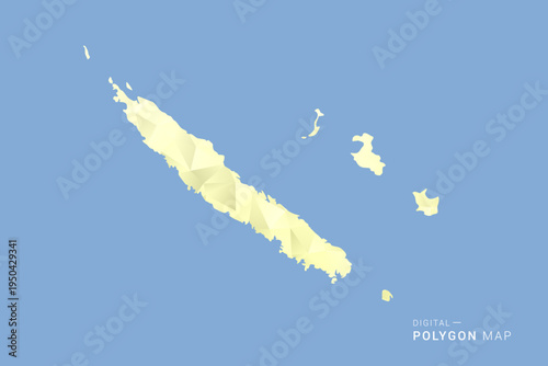 New Caledonia Map in low poly polygon vector style, geometric shape illustration with soft yellow tones on blue background, clean silhouette for infographic.