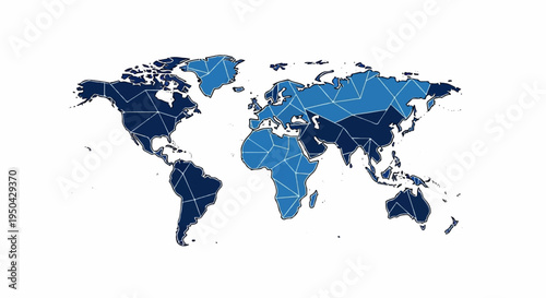 A stylized world map with continents divided by geometric lines and shaded