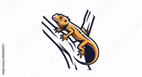 A stylized yellow lizard clings to dark branches