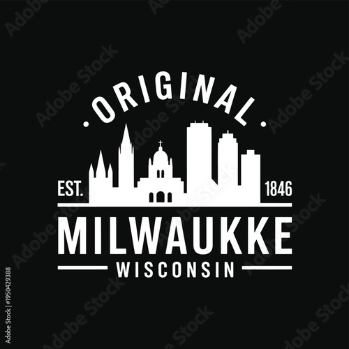 Milwaukee skyline graphic with original and establishment date typography