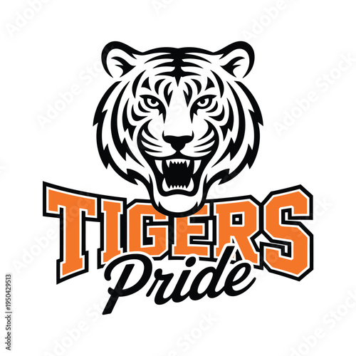 A fierce tiger head illustration with the word tigers and pride text