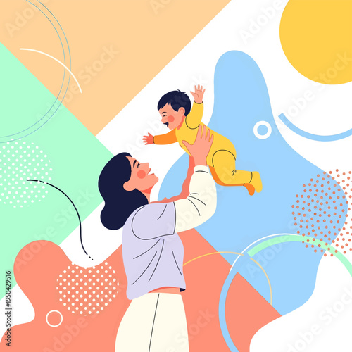 Woman playfully lifts baby up in colorful abstract background