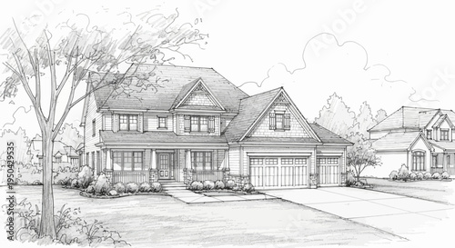 Detailed pencil sketch of a large suburban house with a front porch and two-car garage.