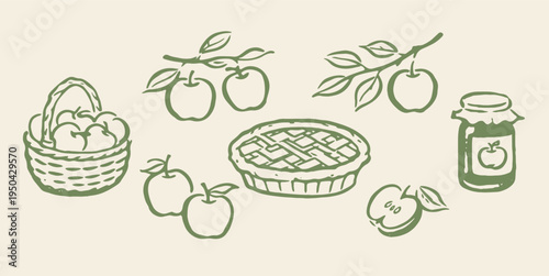 Apple pie set outline sketch vector illustration