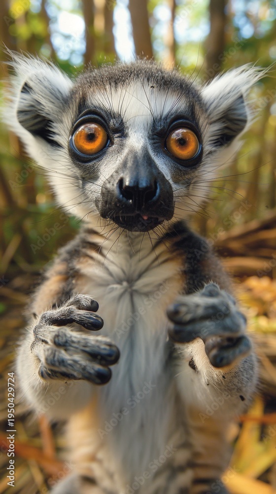 Naklejka premium Ring-tailed lemur stands on its hind legs in a forest. Its large brown eyes stare directly at the camera. Dark fur contrasts with a white chest and face markings. Hands are raised, palms forward
