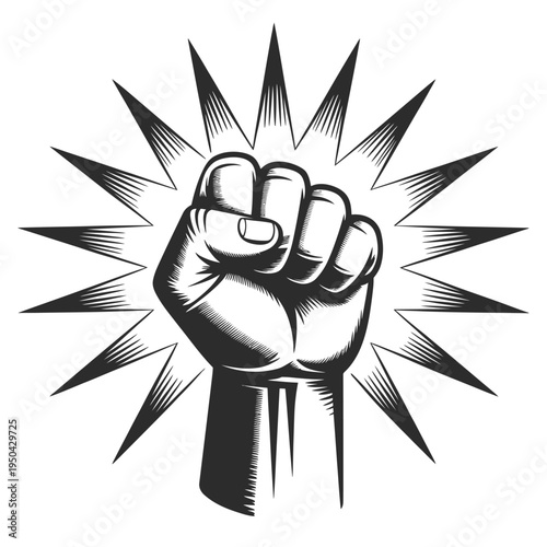 A clenched fist with radiating lines depicting power and determination
