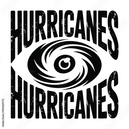 Graphic design featuring the word hurricanes and a swirling eye symbol