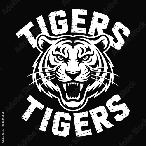 A graphic design featuring a tiger s head and the word tigers