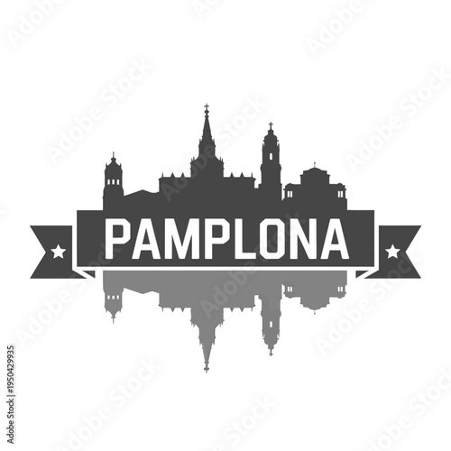 Pamplona skyline illustration with a ribbon banner and reflection below