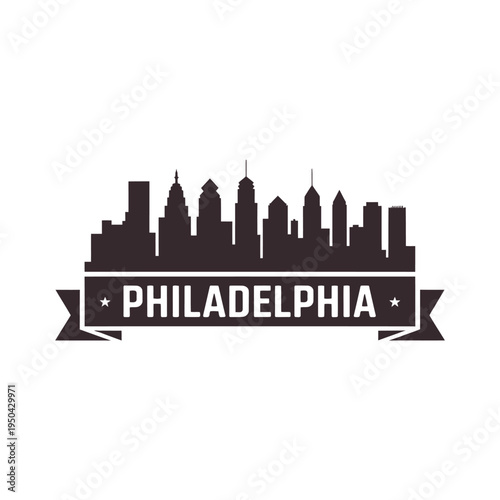 Philadelphia skyline silhouette with ribbon banner displaying city name