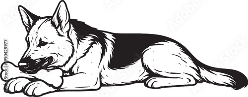 German Shepherd Chewing Bone Lying Down Side View Black and White Line Art Illustration