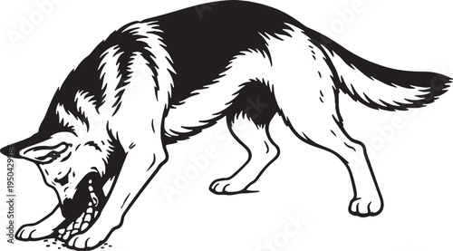 German Shepherd Digging Action Pose Black and White Line Art Illustration