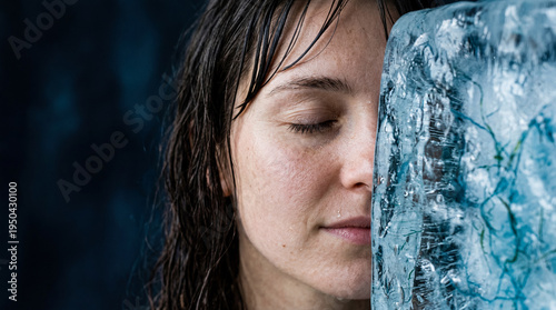 Quiet surrender to the icy blue caress, a wet-haired individual finds tranquil repose against shimmering frozen beauty