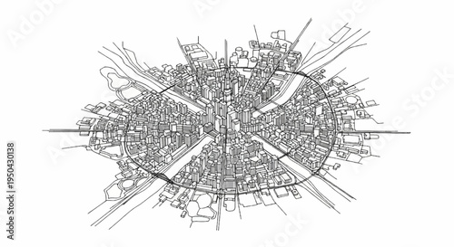 Aerial view sketch of a dense, circular cityscape with rivers and roads