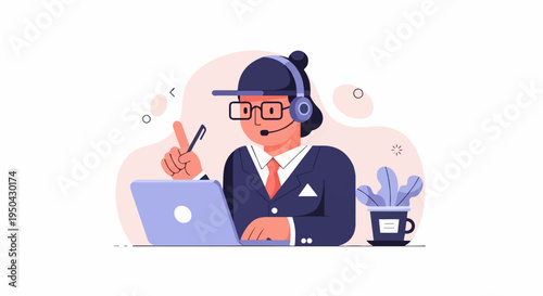 Agent in headset with laptop, offering assistance at desk with cup