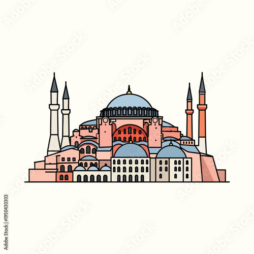 A cartoon depiction of a grand architectural structure with a central dome, several minarets, and various building sections in an illustrative style