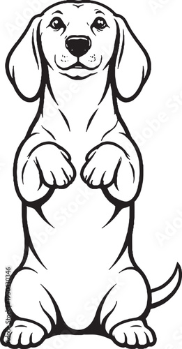 Dachshund Sitting Beg Pose Front View Black and White Line Art Illustration