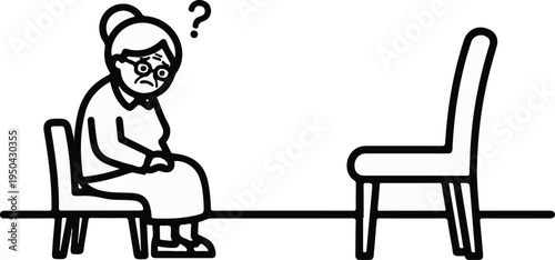 An elderly person sits on a chair with a questioning look