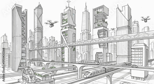 A detailed sketch of a futuristic city with advanced transportation systems and green architecture.